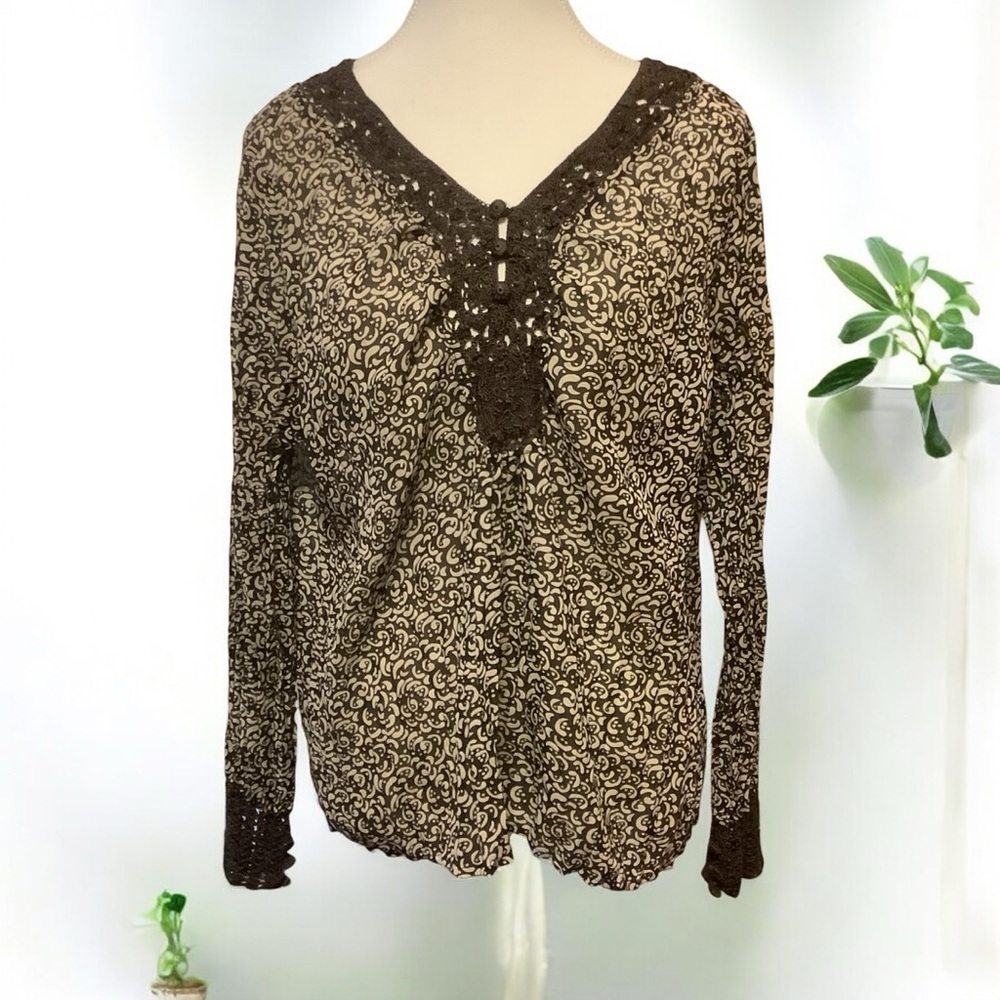 ALISON SHERI BROWN PATTERNED/ LONG SLEEVE/ KNIT & BUTTON DETAIL BLOUSE/ Size L